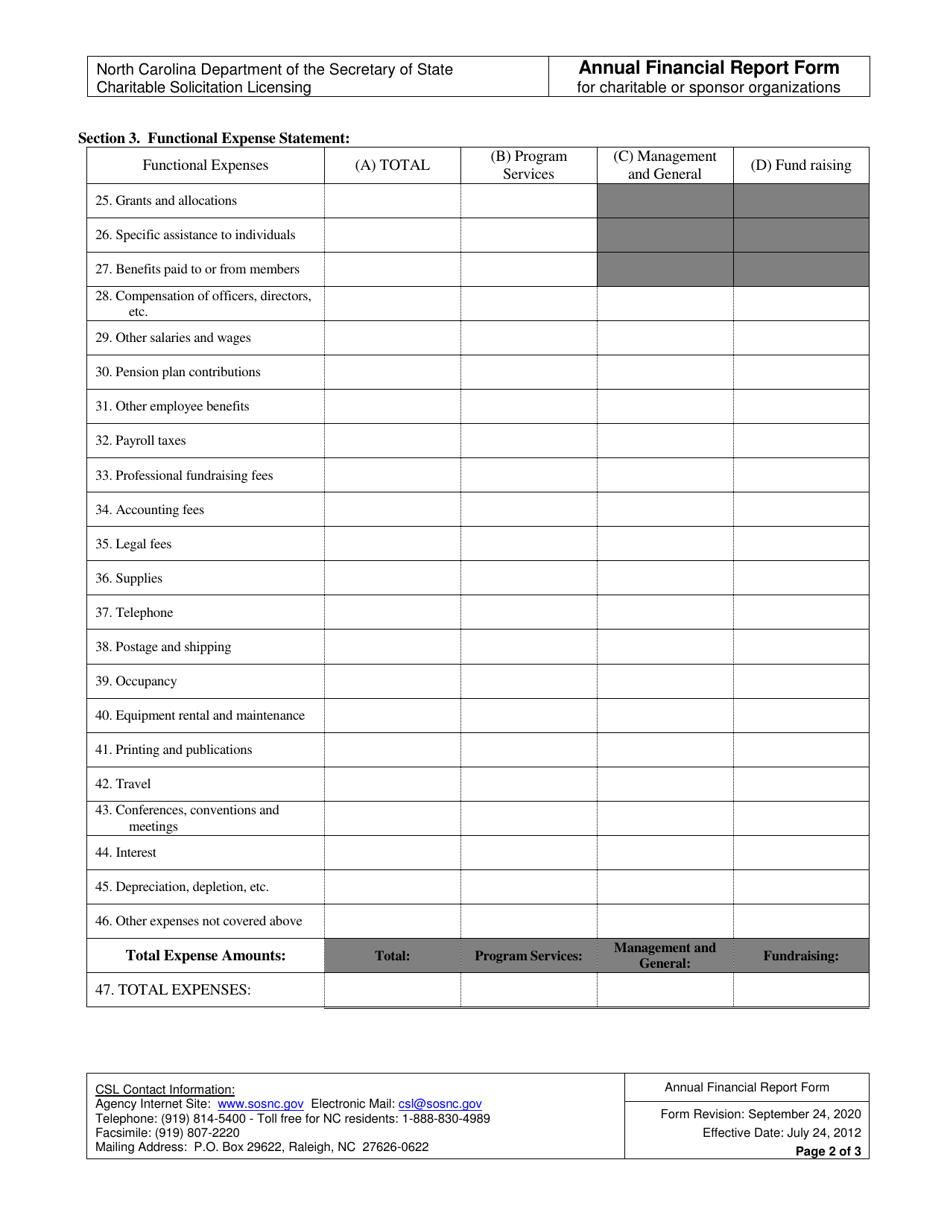 North Carolina Annual Financial Report Form for Charitable or Sponsor ...