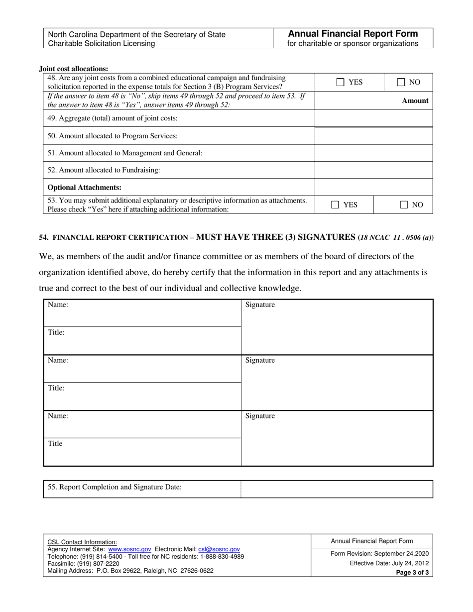 Annual Financial Report Form for Charitable or Sponsor Organizations - North Carolina, Page 3