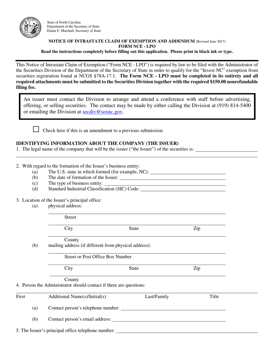 Form NCE-LPO Notice of Intrastate Claim of Exemption and Addendum - North Carolina, Page 1