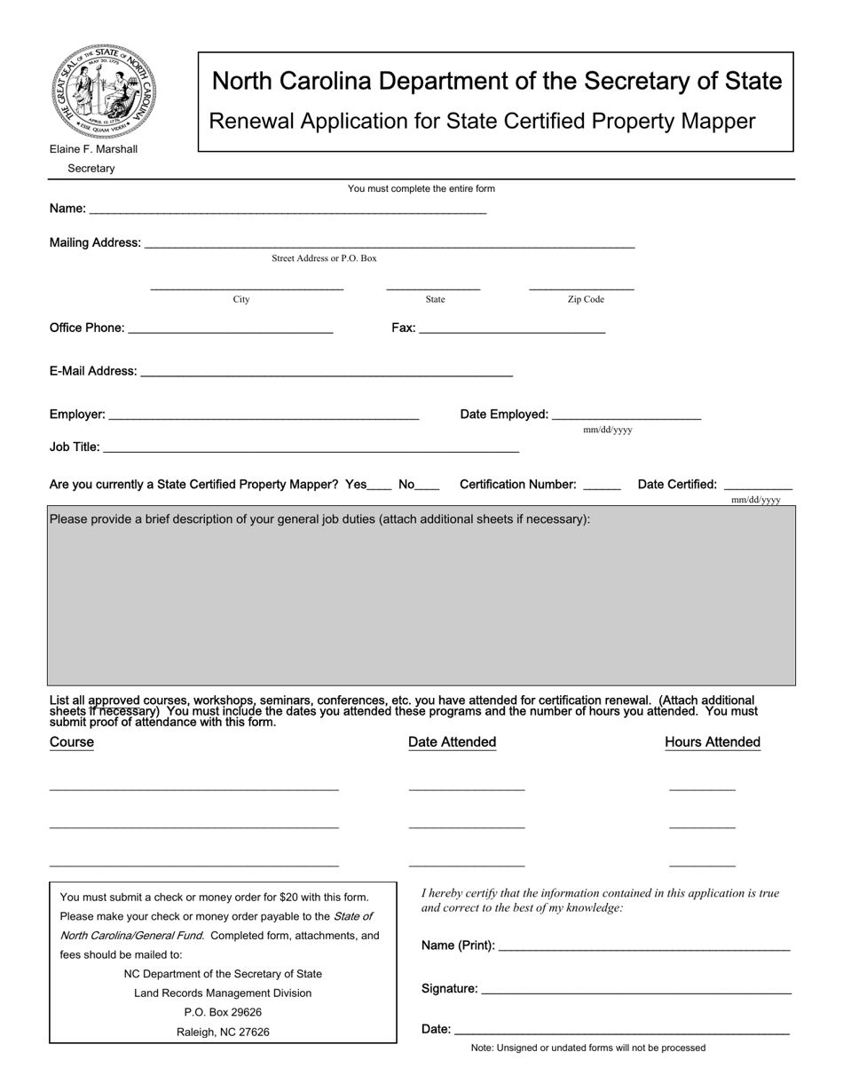 Renewal Application for State Certified Property Mapper - North Carolina, Page 1
