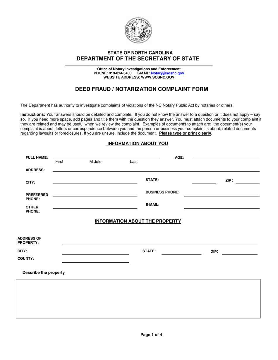 North Carolina Deed Fraud/Notarization Complaint Form Fill Out, Sign
