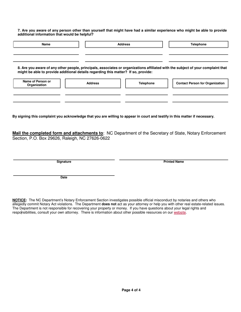 Deed Fraud / Notarization Complaint Form - North Carolina, Page 4