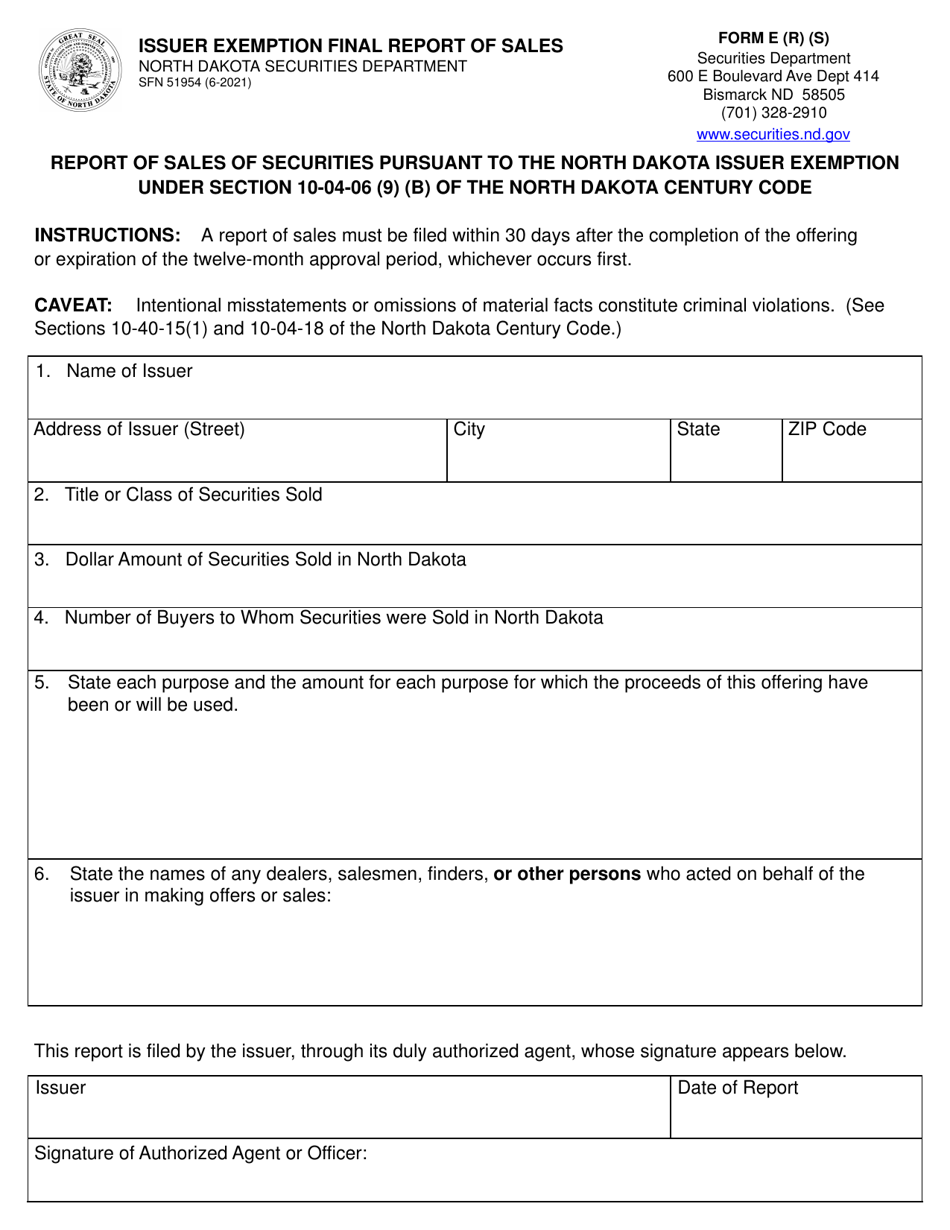 Form E (R) (S) (SFN51954) Issuer Exemption Final Report of Sales - North Dakota, Page 1