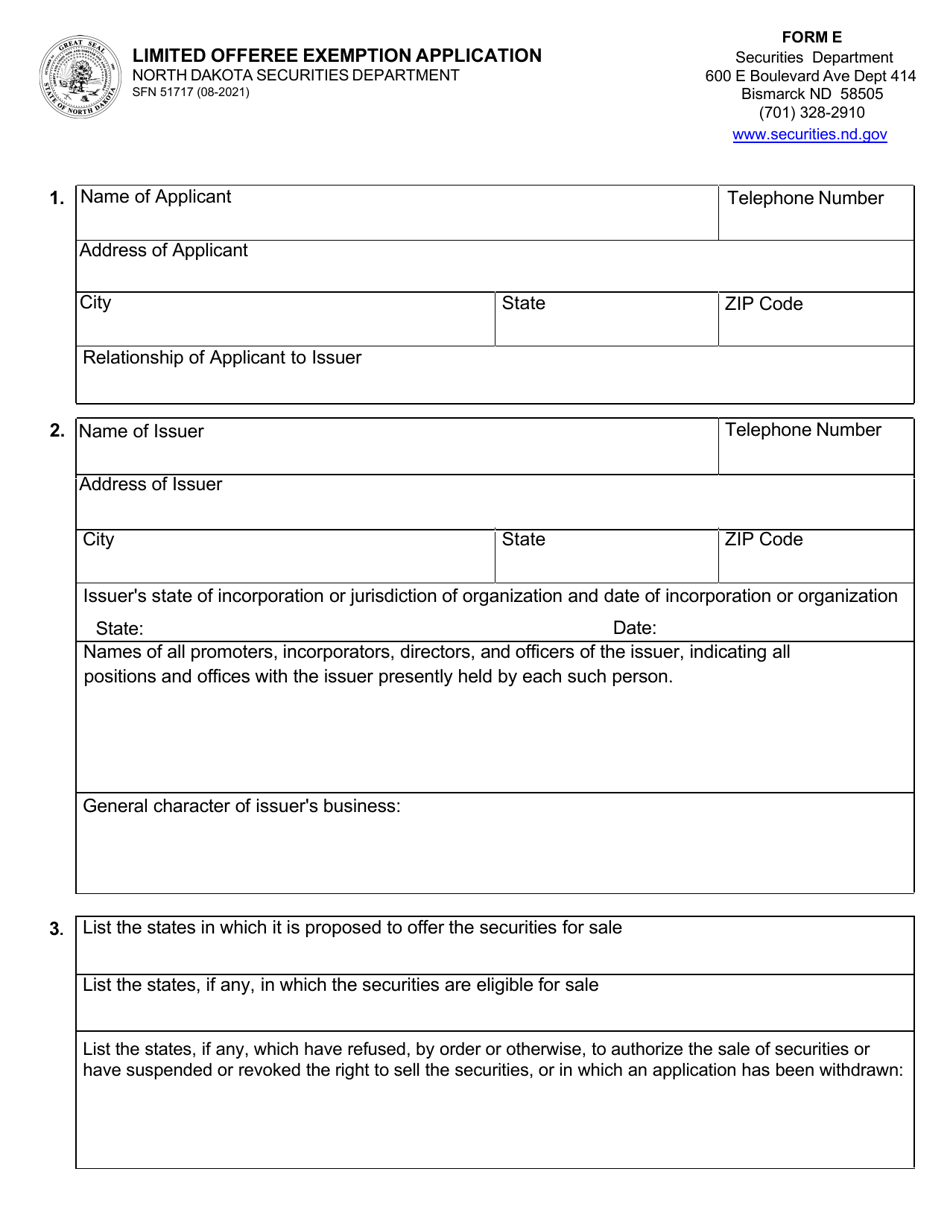 Form E (SFN51717) Limited Offeree Exemption Application - North Dakota, Page 1