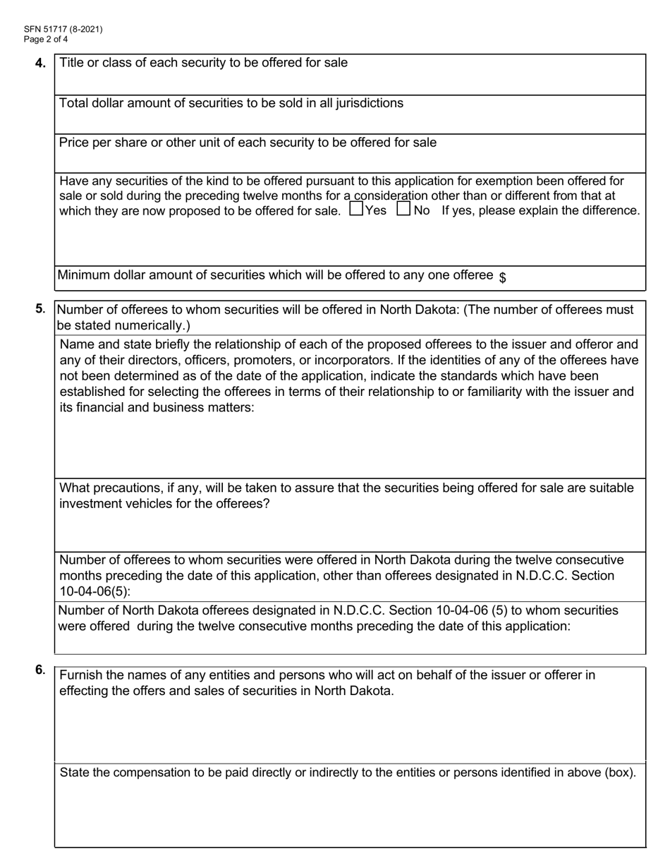 Form E (SFN51717) Limited Offeree Exemption Application - North Dakota, Page 2