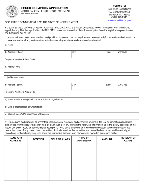 Form E (S) (SFN51949) Issuer Exemption Application - North Dakota