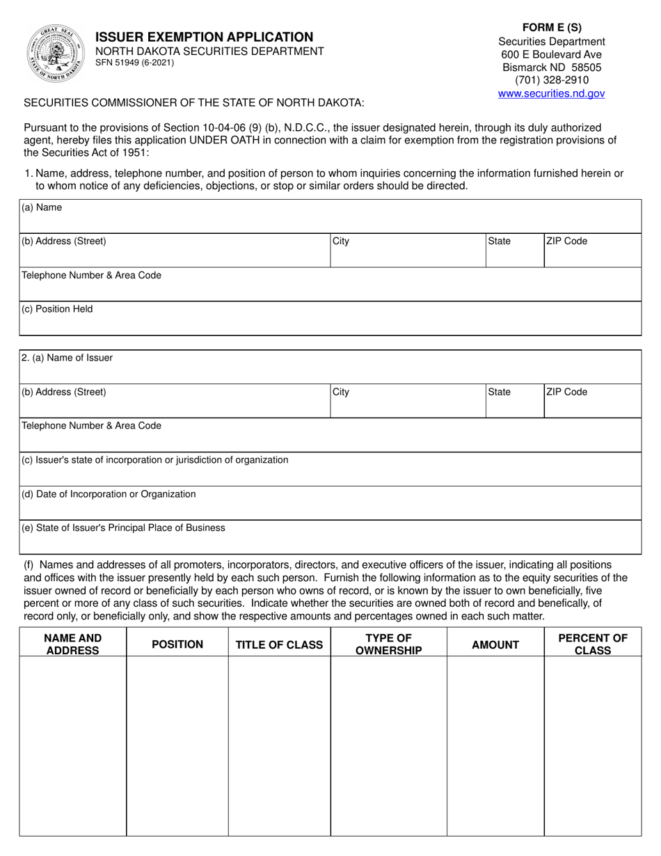 Form E (S) (SFN51949) Issuer Exemption Application - North Dakota, Page 1