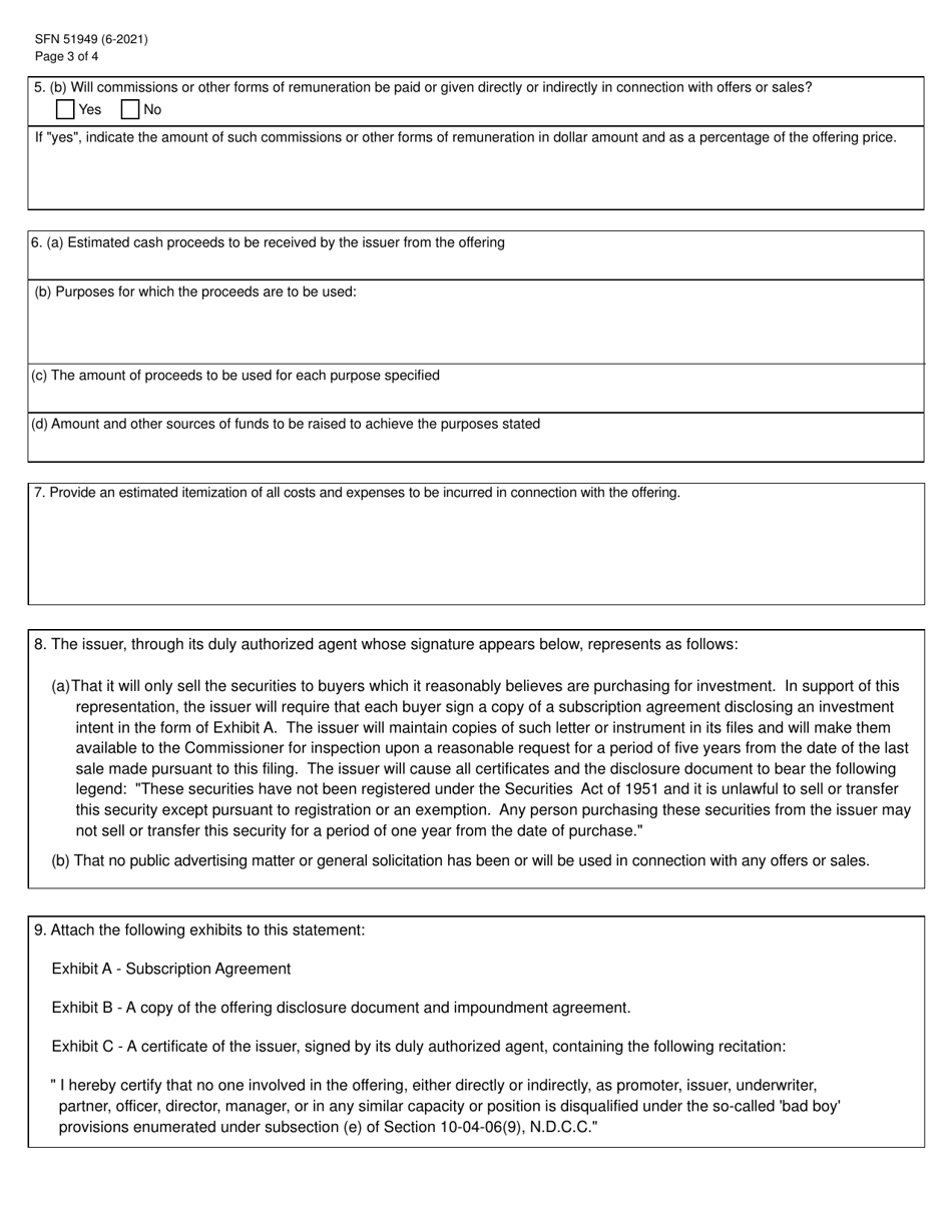 Form E (S) (SFN51949) Issuer Exemption Application - North Dakota, Page 3