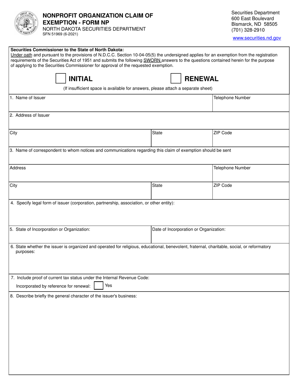 Form NP (SFN51969) Nonprofit Organization Claim of Exemption - North Dakota, Page 1