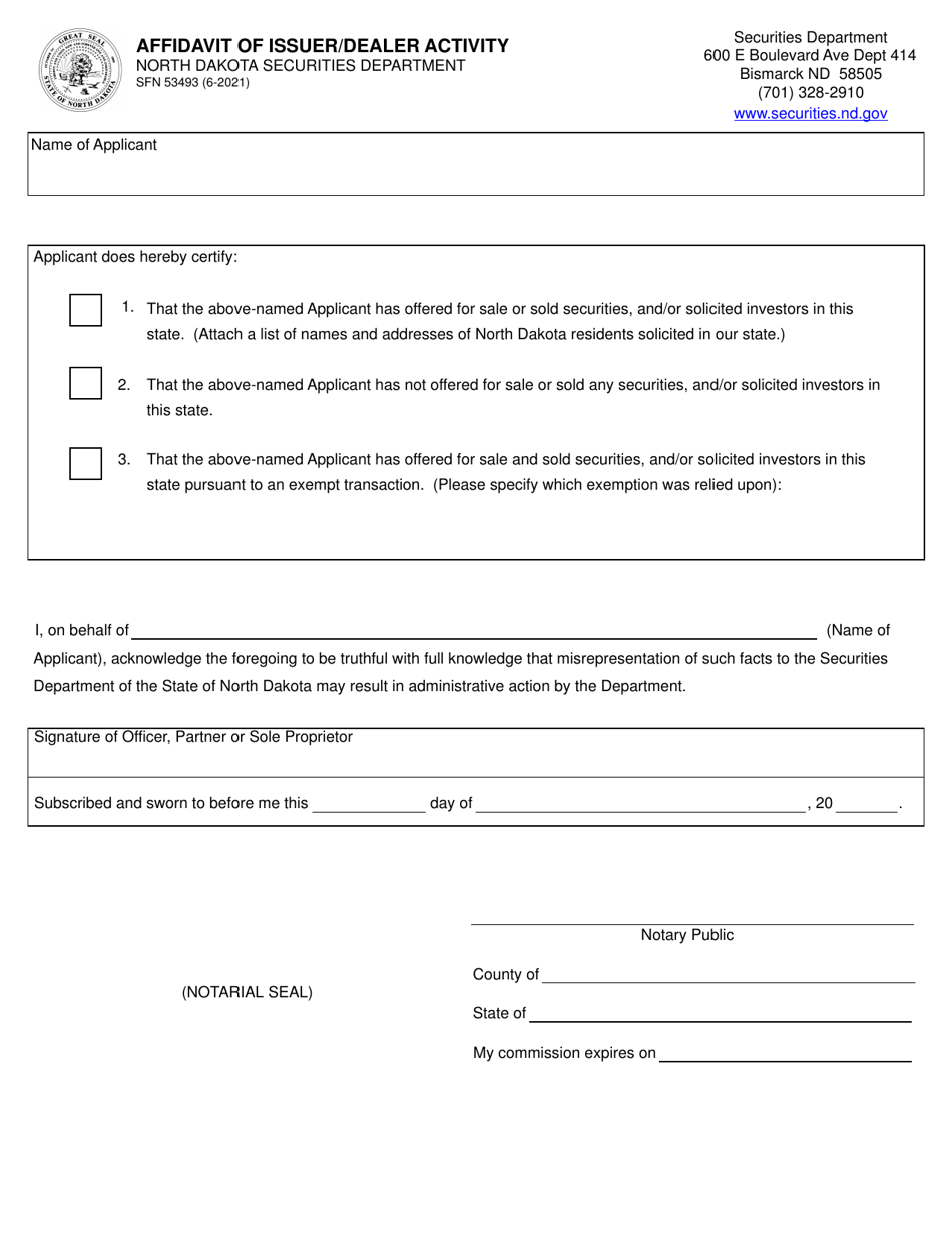 Form SFN53493 Affidavit of Issuer / Dealer Activity - North Dakota, Page 1