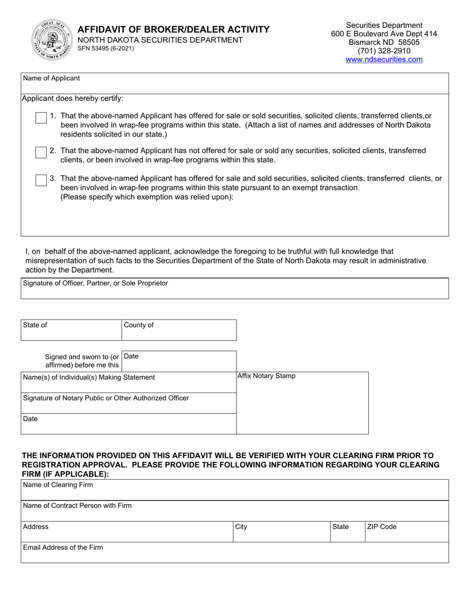 Form SFN53495 Affidavit of Broker / Dealer Activity - North Dakota, Page 1