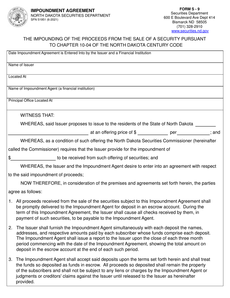 Form S-9 (SFN51951) Impoundment Agreement - North Dakota, Page 1