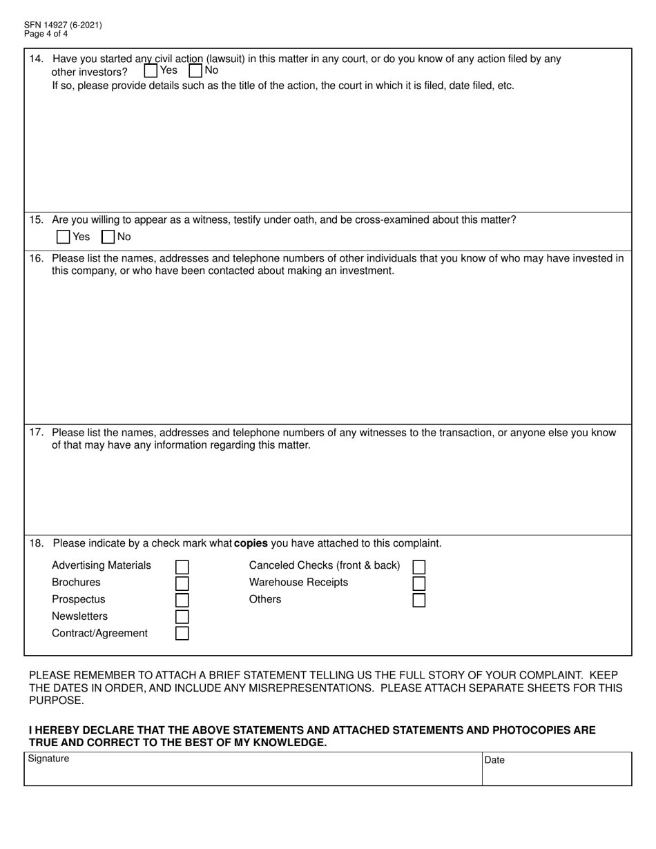 Form SFN14927 Complaint Form - North Dakota, Page 4