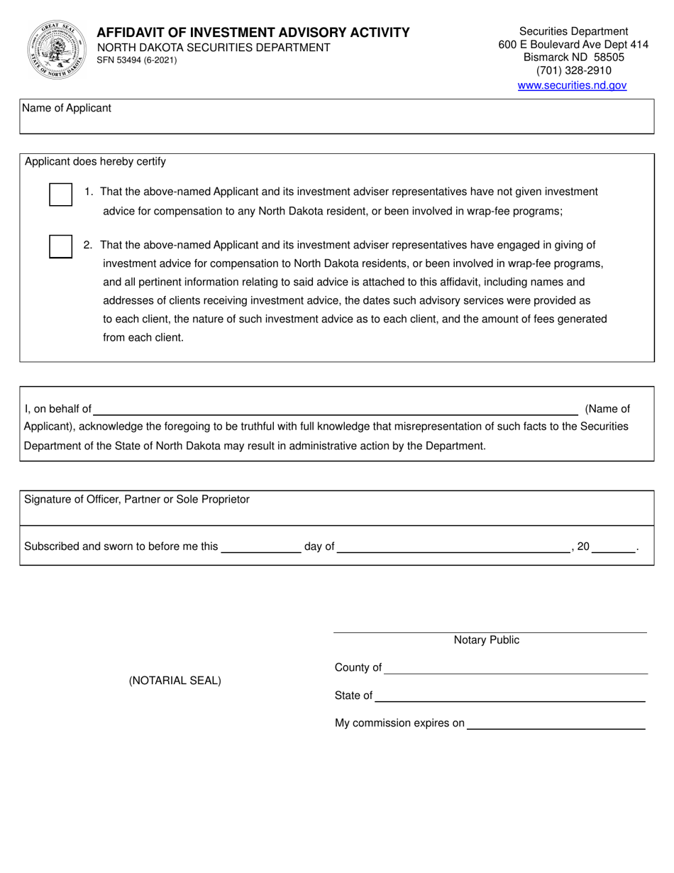 Form Sfn53494 Download Fillable Pdf Or Fill Online Affidavit Of Investment Advisory Activity 3706