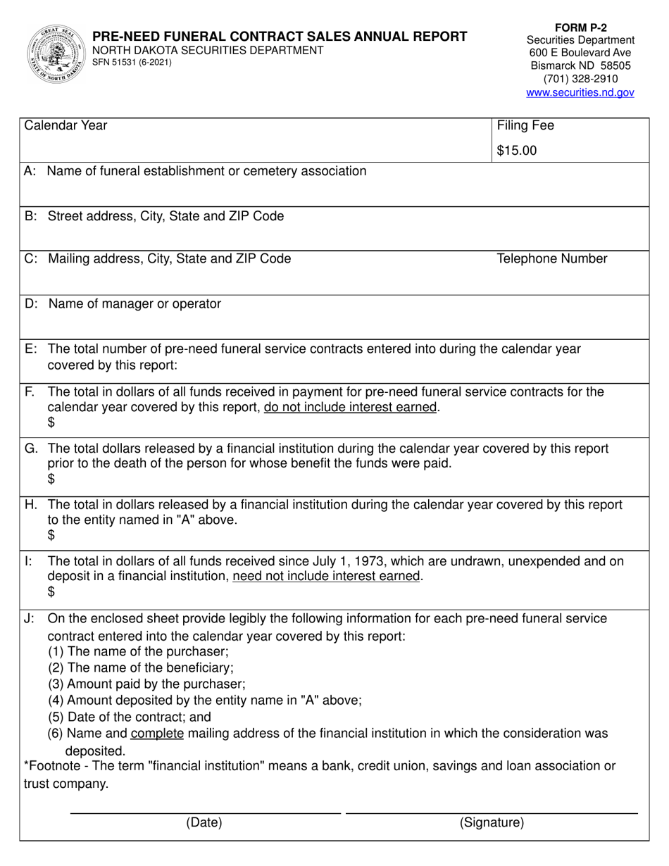 Form P-2 (SFN51531) Pre-need Funeral Contract Sales Annual Report - North Dakota, Page 1