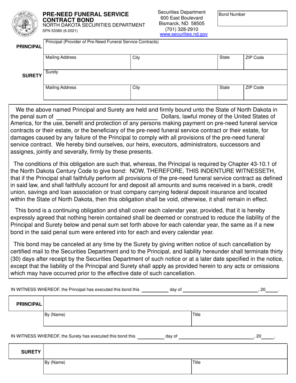 Form SFN53380 Pre-need Funeral Service Contract Bond - North Dakota, Page 1