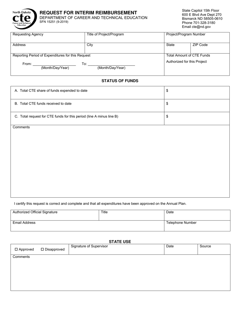 Form SFN15251 Request for Interim Reimbursement - North Dakota, Page 1