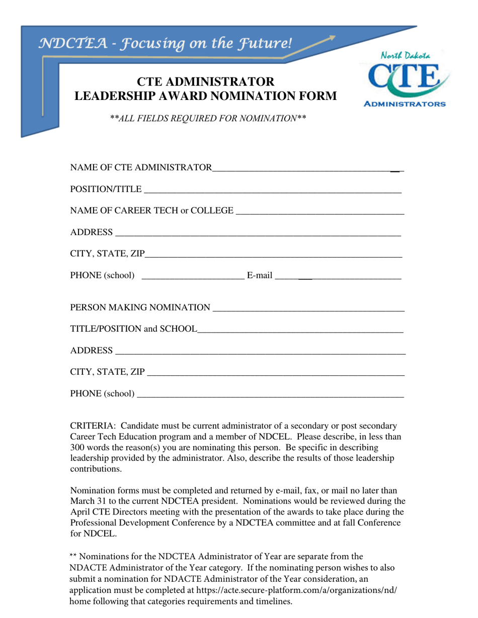 Cte Administrator Leadership Award Nomination Form - North Dakota, Page 1