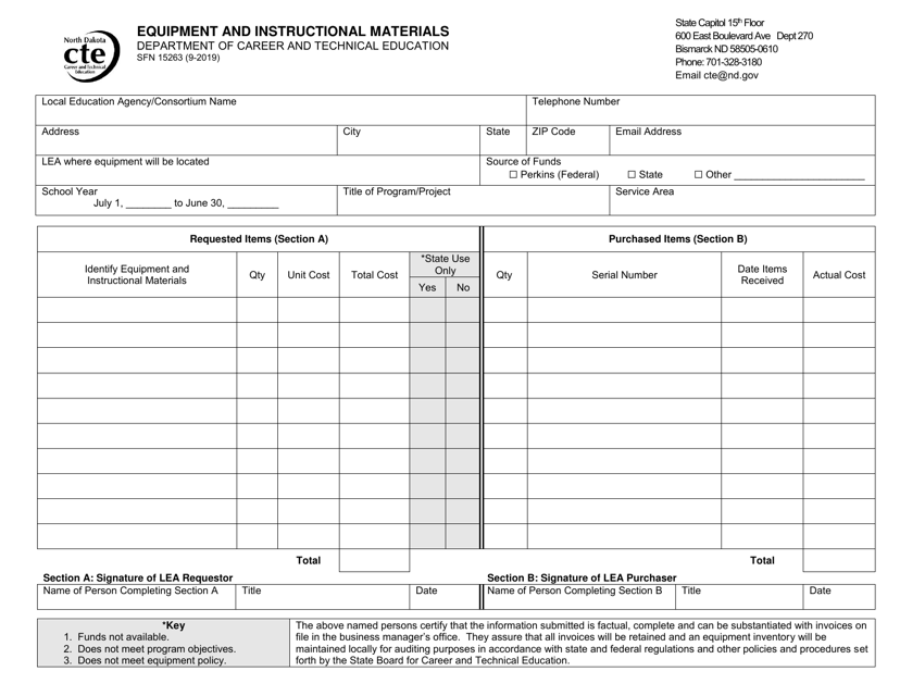 Form SFN15263 Equipment and Instructional Materials - North Dakota