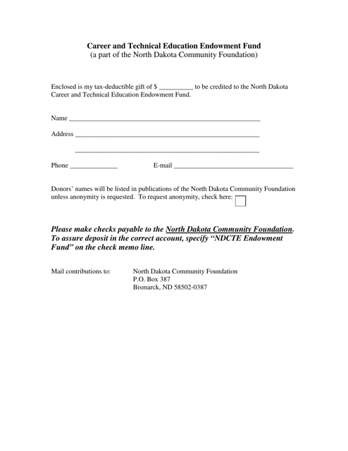 Career and Technical Education Endowment Fund Contribution Form - North Dakota Download Pdf