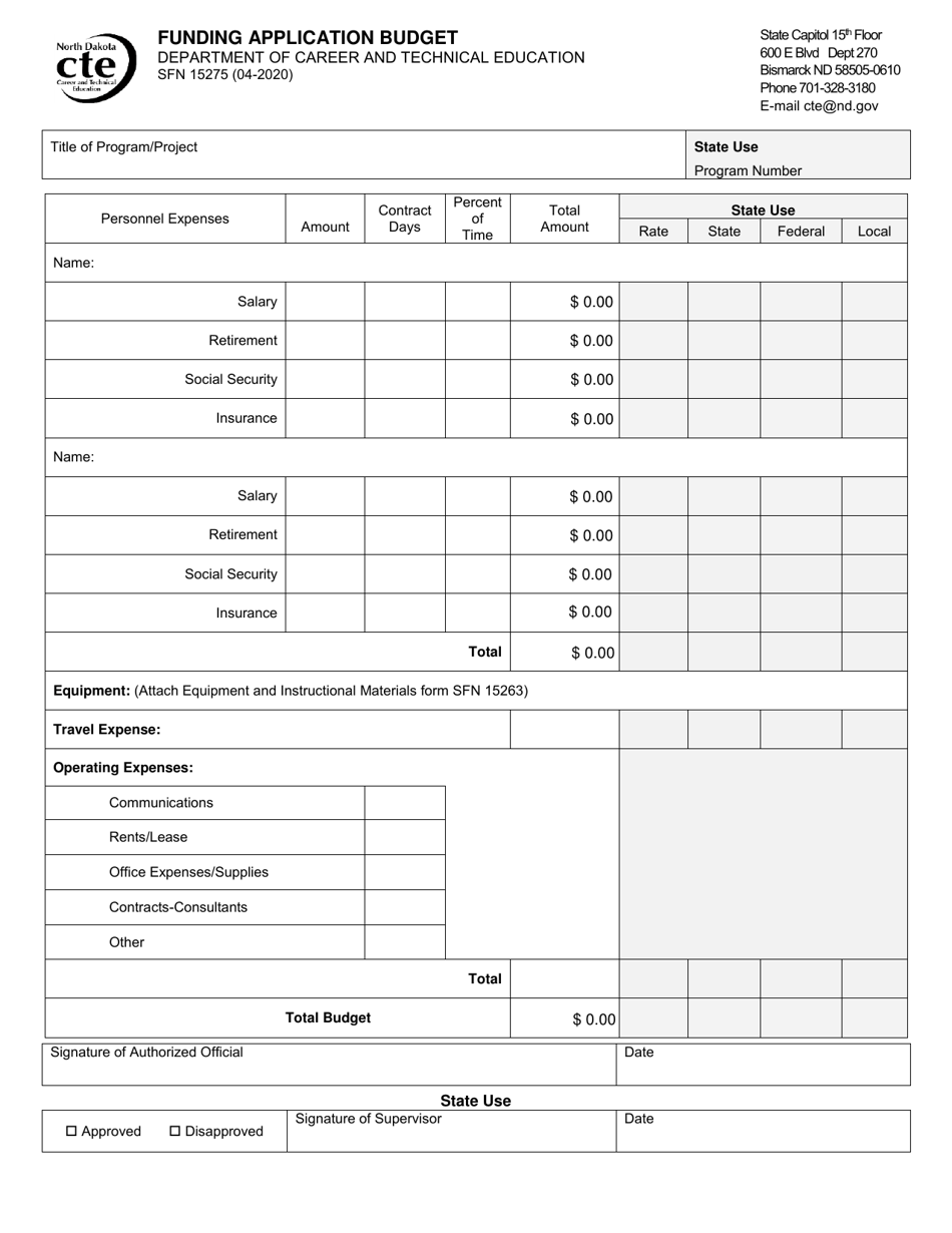 Form SFN15275 Download Fillable PDF or Fill Online Funding Application ...