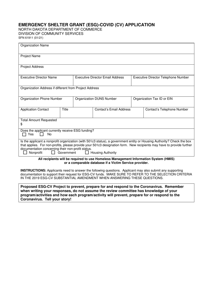Form SFN61911 Emergency Shelter Grant (Esg)-covid (Cv) Application - North Dakota, Page 1