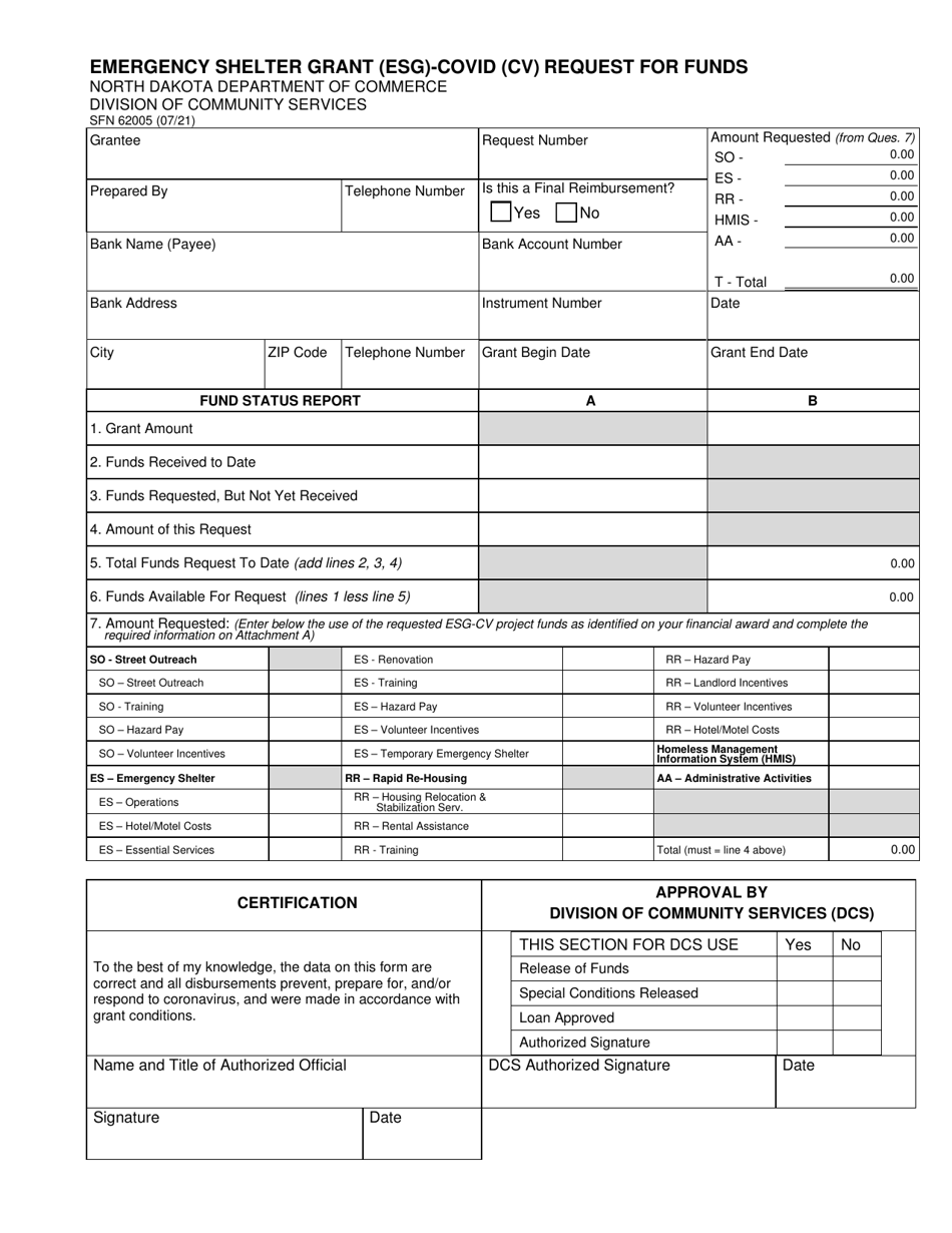 Form SFN62005 Emergency Shelter Grant (Esg)-covid (Cv) Request for Funds - North Dakota, Page 1