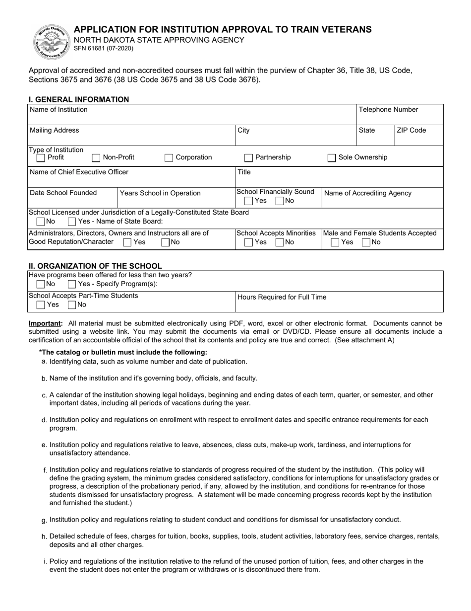 Form SFN61681 Application for Institution Approval to Train Veterans - North Dakota, Page 1