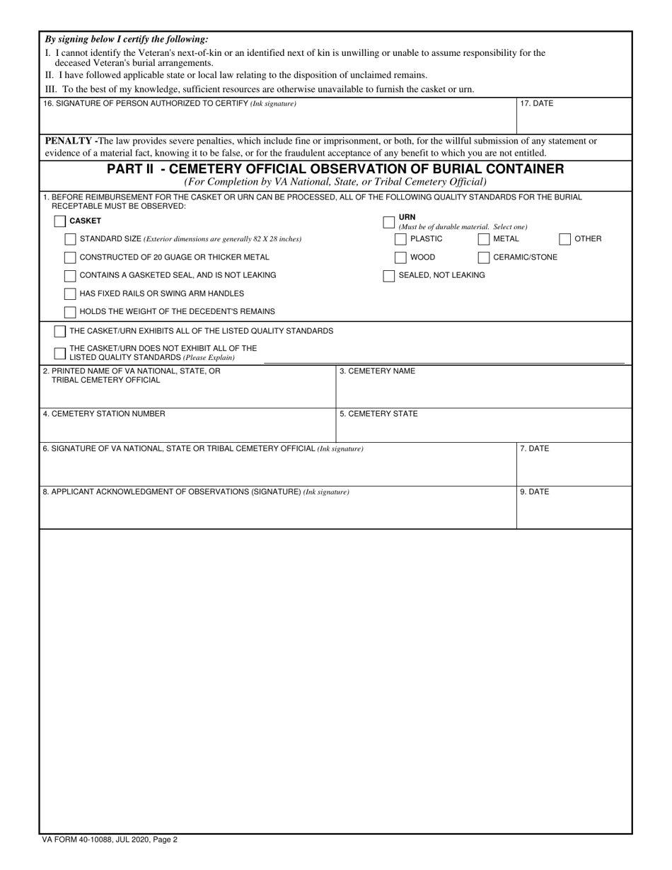 VA Form 40-10088 Request for Reimbursement of Casket / Urn, Page 2