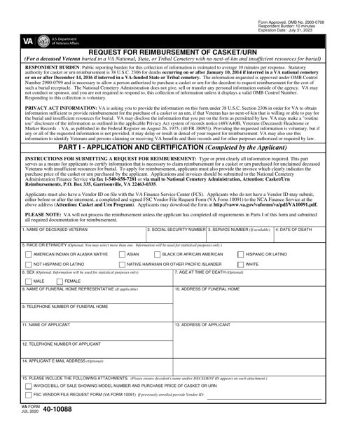 VA Form 40-10088 Request for Reimbursement of Casket/Urn