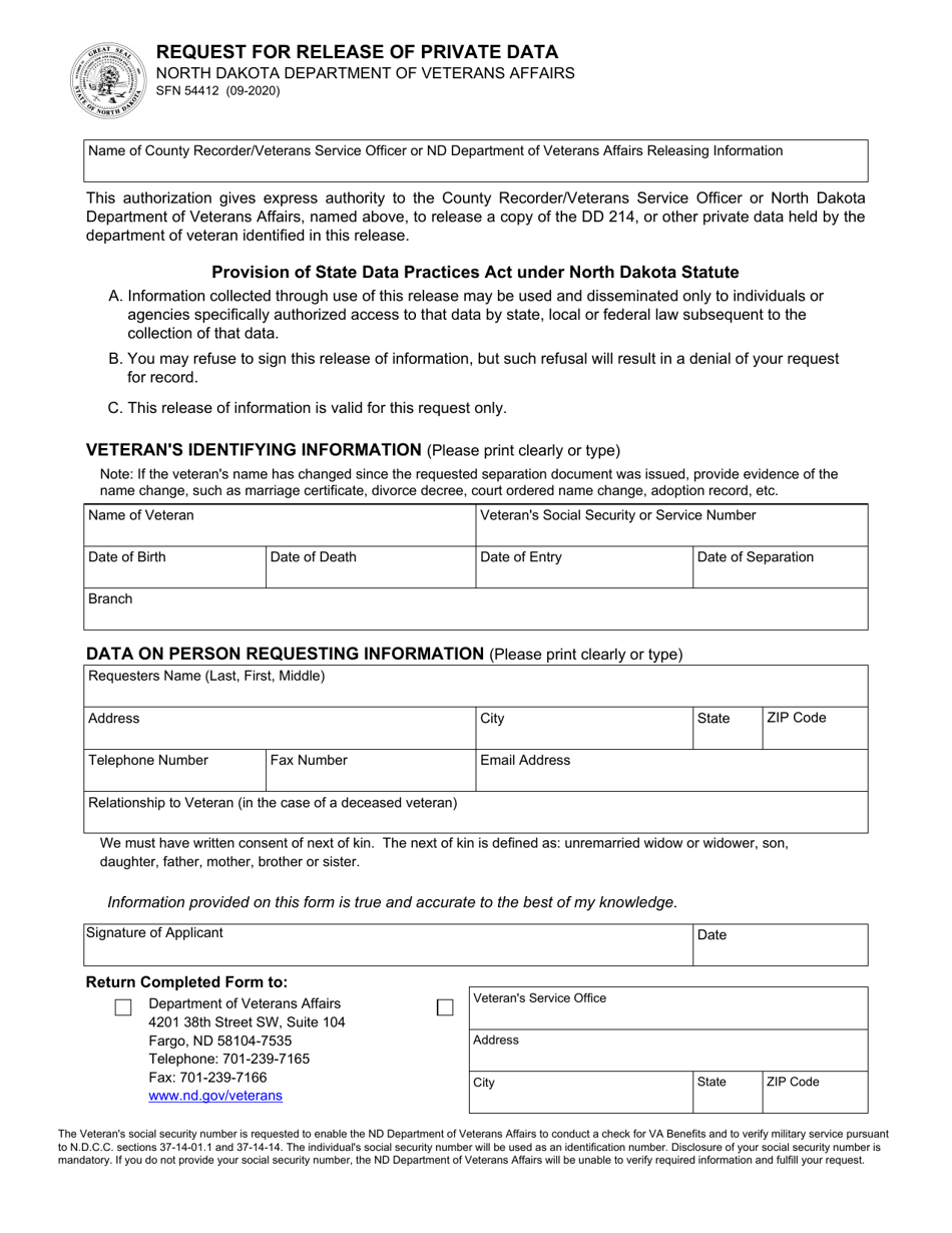 Form SFN54412 Request for Release of Private Data - North Dakota, Page 1