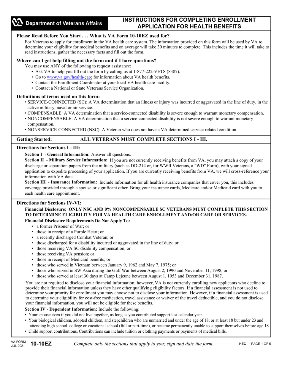 VA Form 10-10EZ Application for Health Benefits, Page 1
