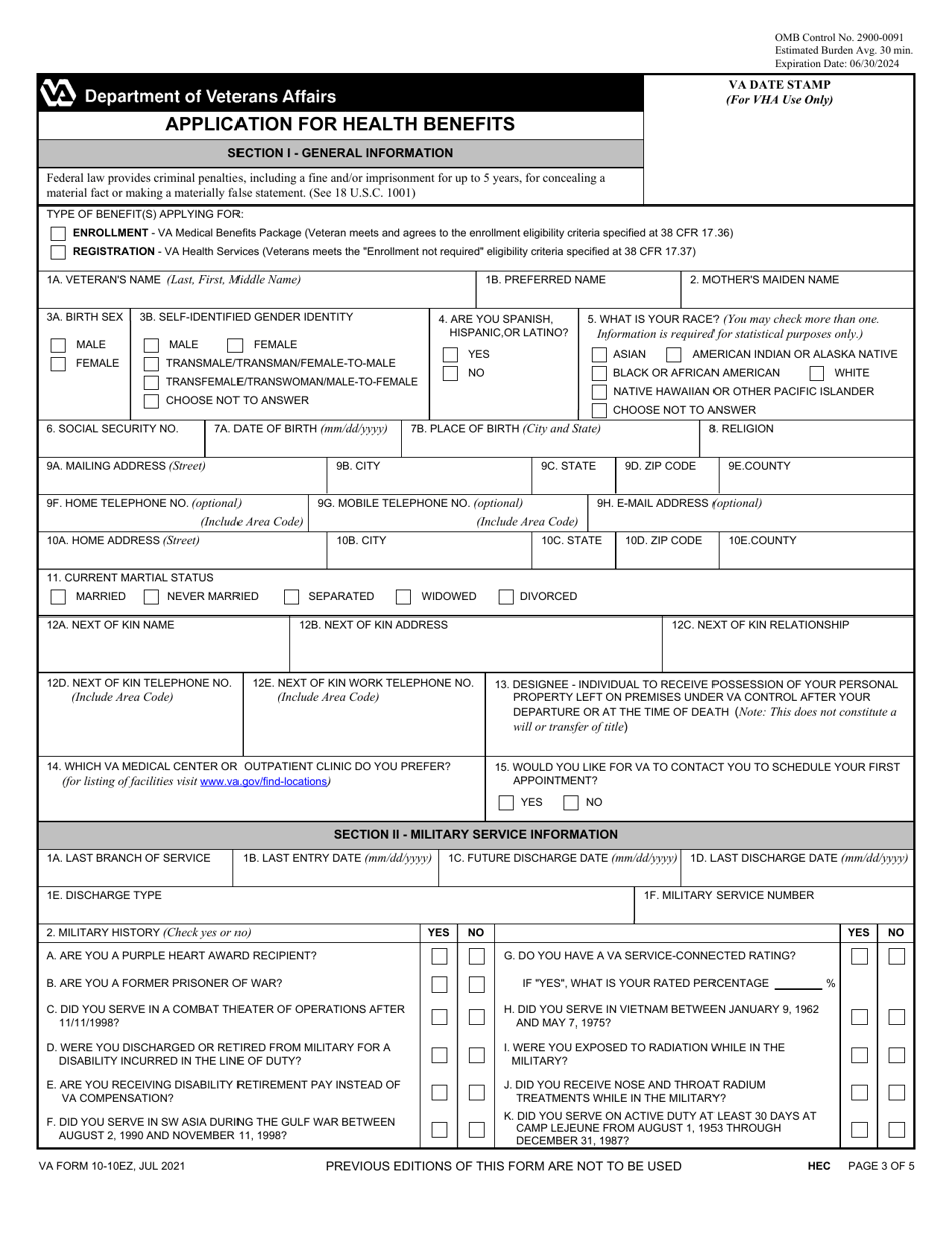 VA Form 1010EZ Download Fillable PDF or Fill Online Application for