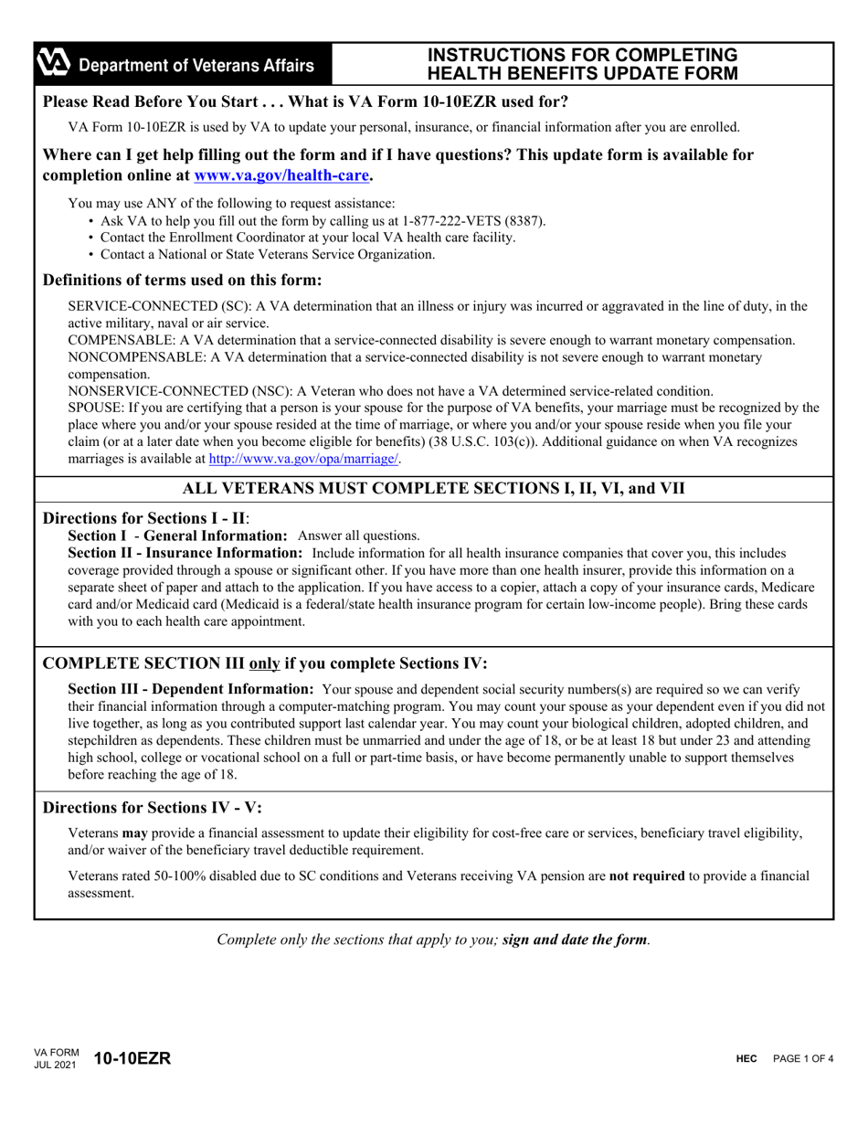 VA Form 10-10EZR Health Benefits Update Form, Page 1