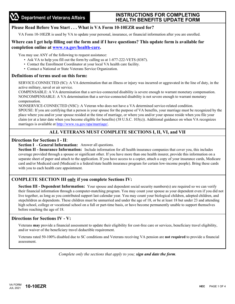 VA Form 10-10EZR Download Fillable PDF or Fill Online Health Benefits  Update Form | Templateroller