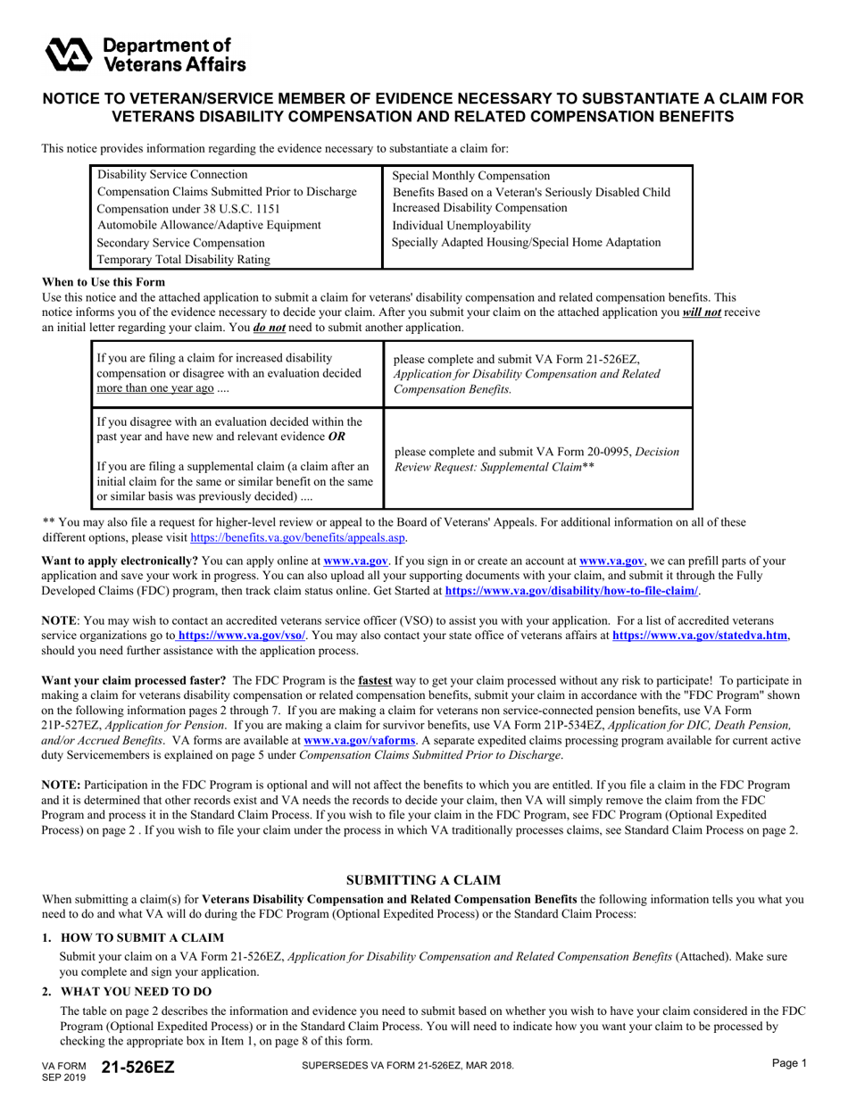 VA Form 21-526EZ Application for Disability Compensation and Related Compensation Benefits, Page 1
