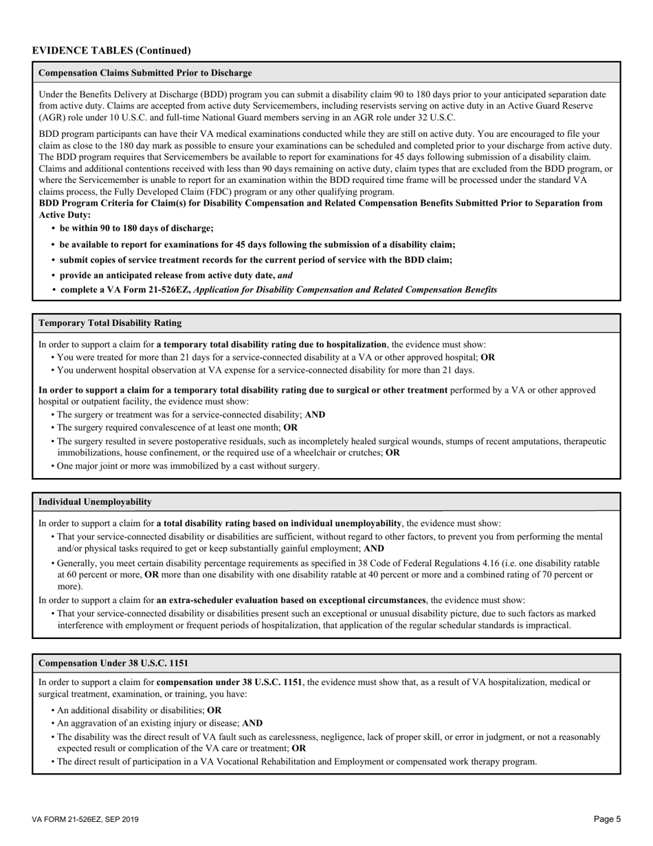 VA Form 21-526EZ Application for Disability Compensation and Related Compensation Benefits, Page 5