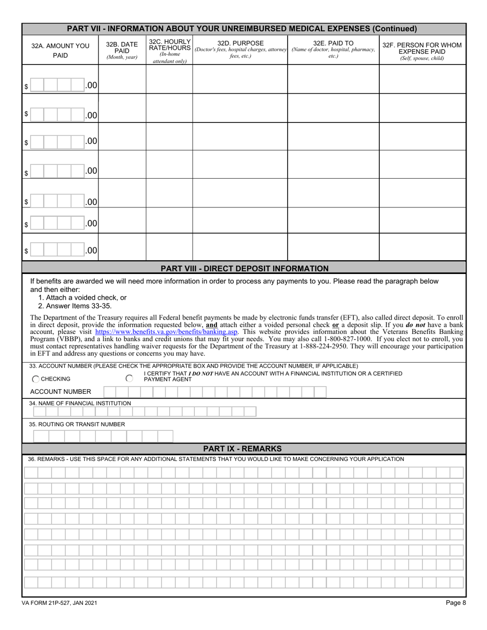 VA Form 21P-527 Income, Net Worth, and Employment Statement, Page 8