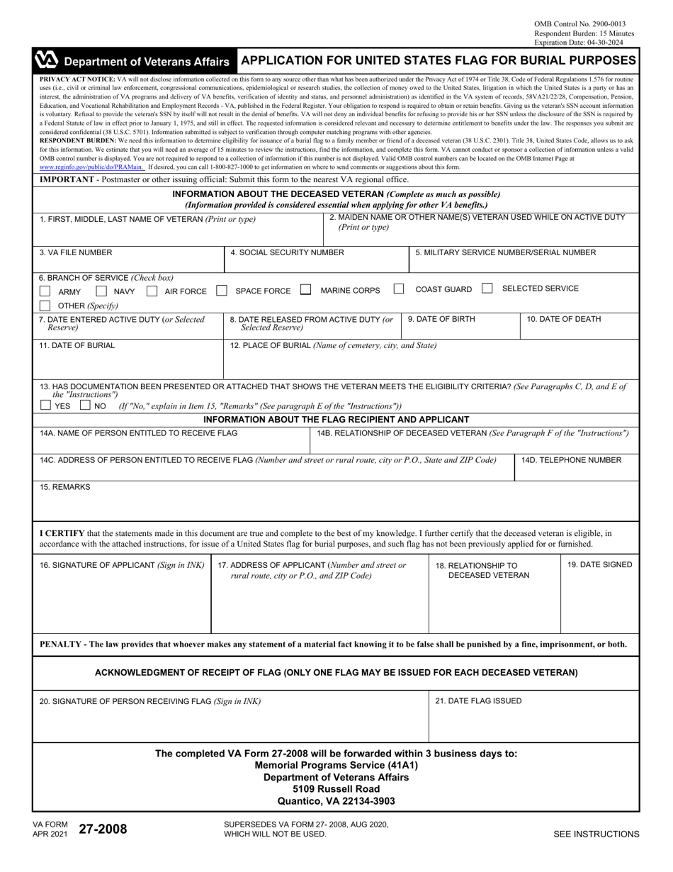 VA Form 27-2008 Application for United States Flag for Burial Purposes, Page 1