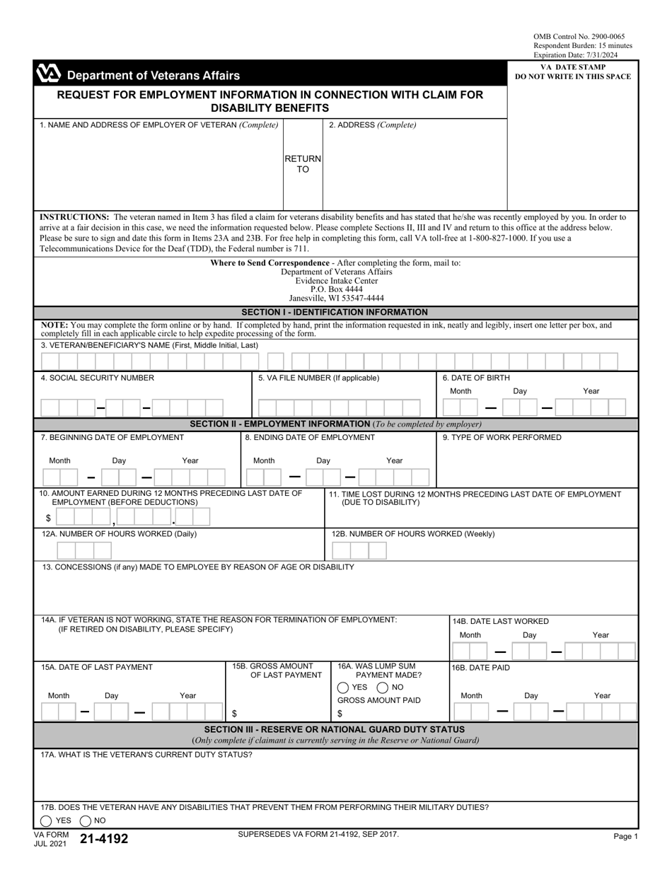 VA Form 21-4192 Request for Employment Information in Connection With Claim for Disability Benefits, Page 1