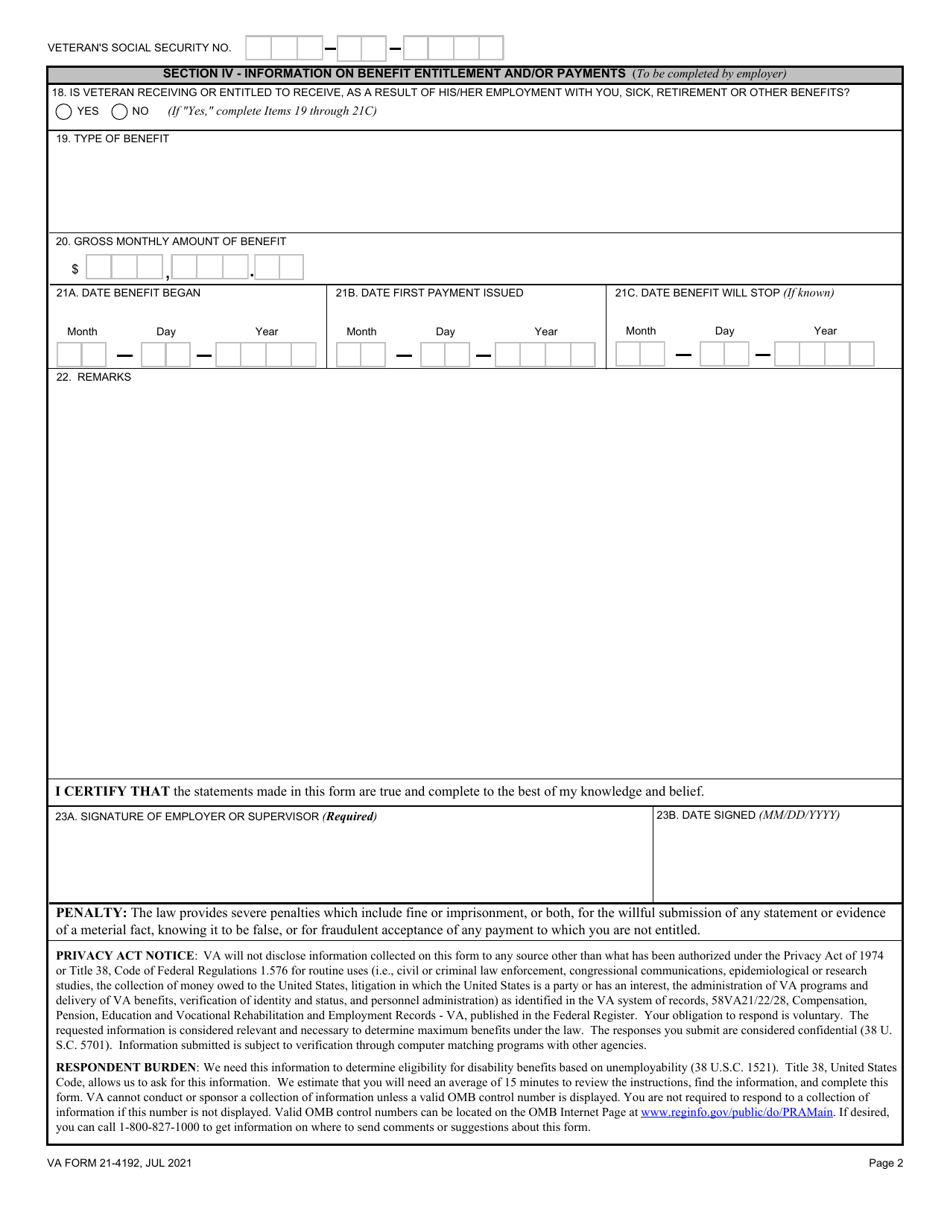 VA Form 214192 Download Fillable PDF or Fill Online Request for