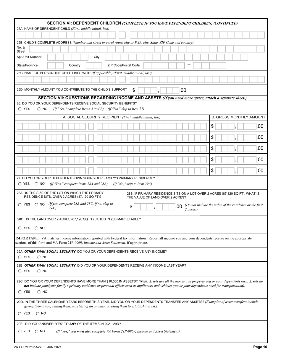 VA Form 21P-527EZ Application for Veterans Pension, Page 10