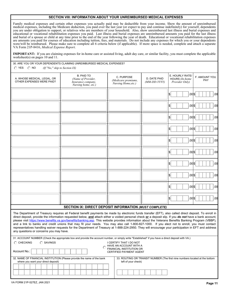 VA Form 21P-527EZ Application for Veterans Pension, Page 11
