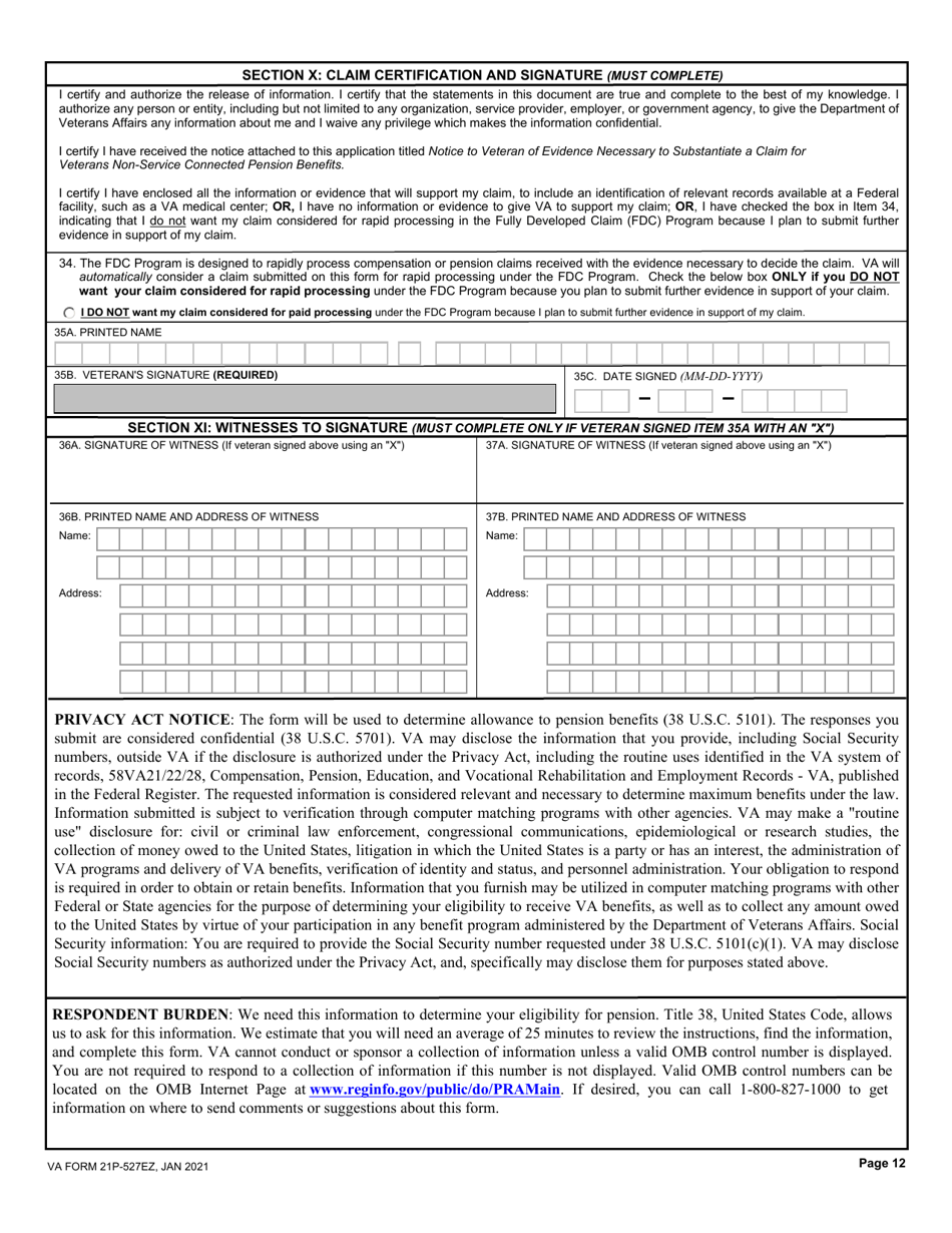 VA Form 21P-527EZ Application for Veterans Pension, Page 12