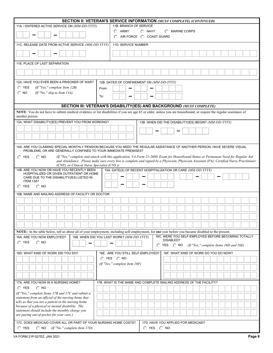 VA Form 21P-527EZ Application for Veterans Pension, Page 6