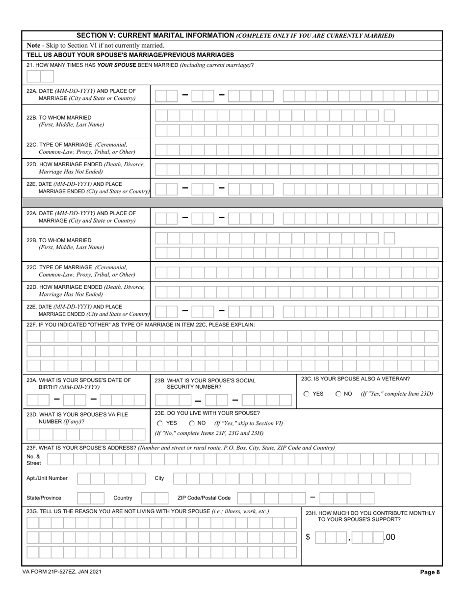 VA Form 21P-527EZ Application for Veterans Pension, Page 8