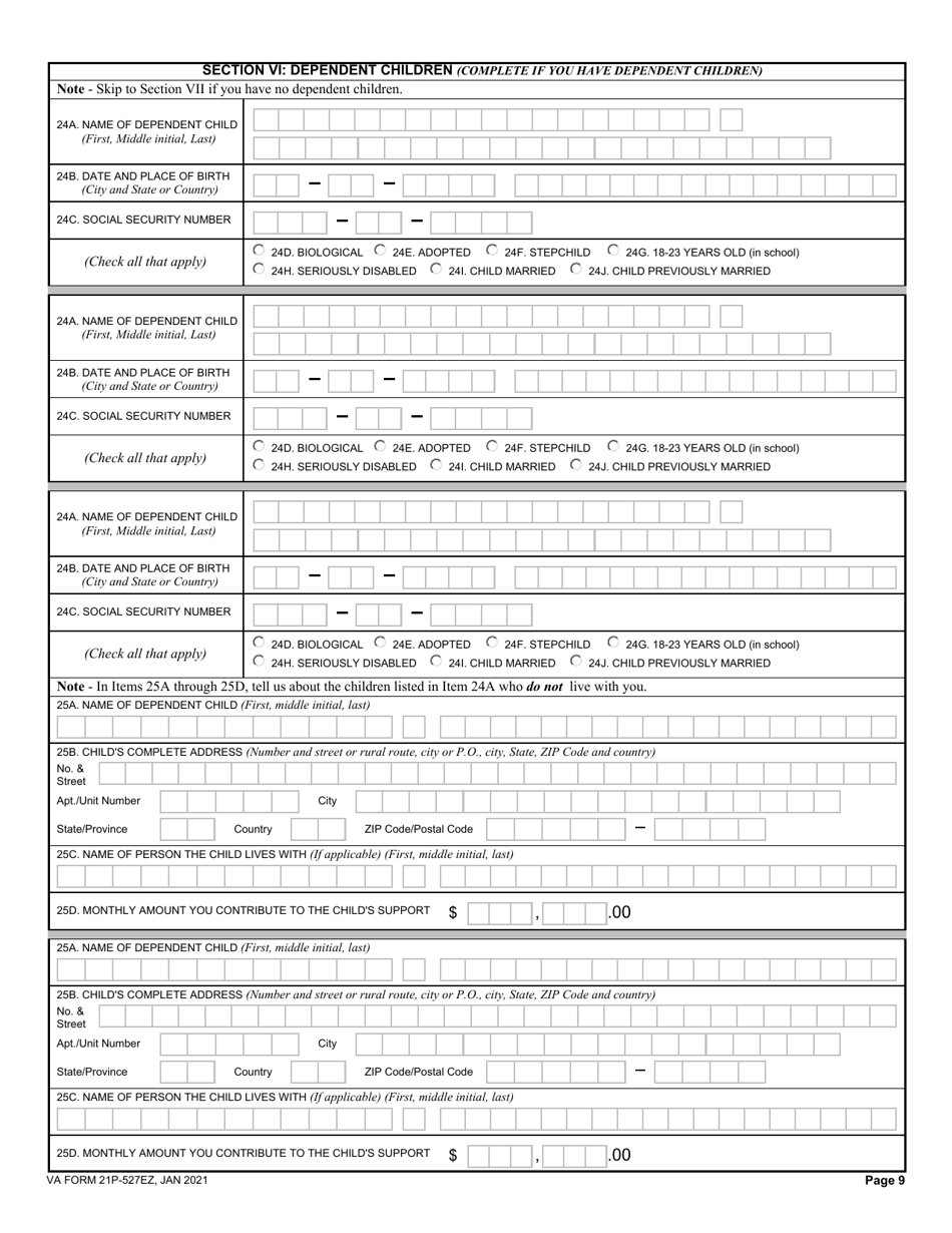 VA Form 21P-527EZ Application for Veterans Pension, Page 9
