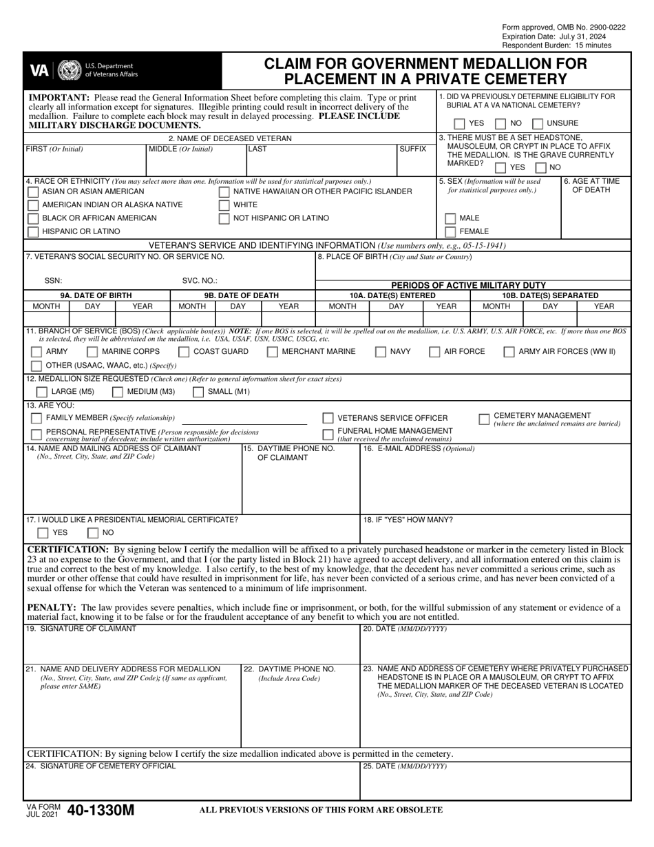 VA Form 40-1330M Claim for Government Medallion for Placement in a Private Cemetery, Page 3