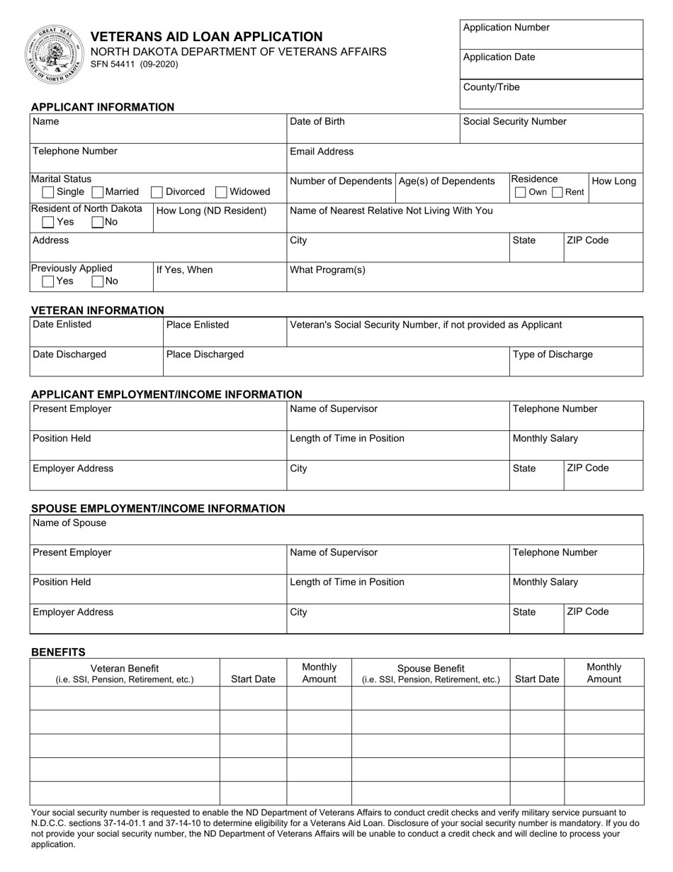 Form SFN54411 Veterans Aid Loan Application - North Dakota, Page 1