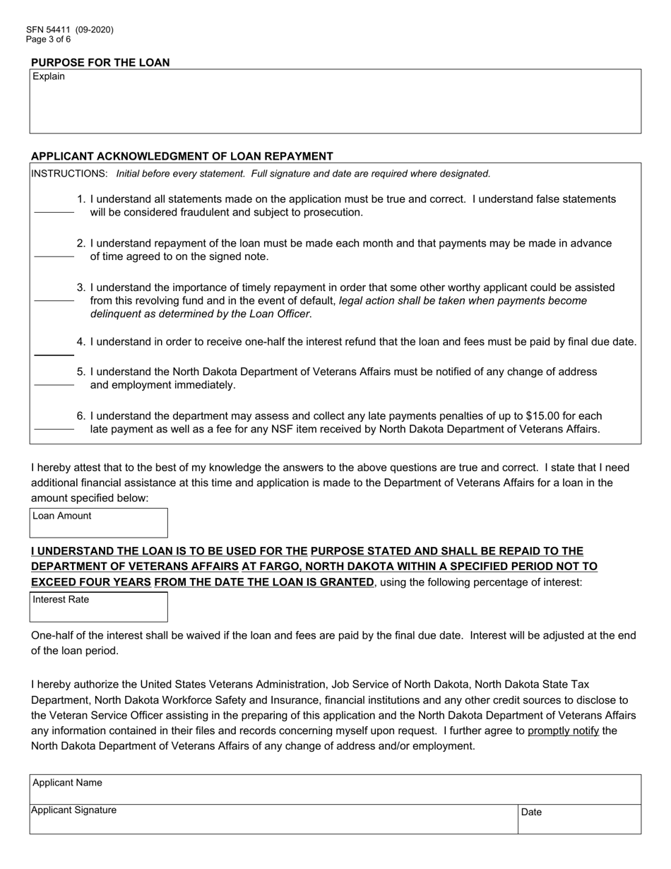 Form SFN54411 Veterans Aid Loan Application - North Dakota, Page 3